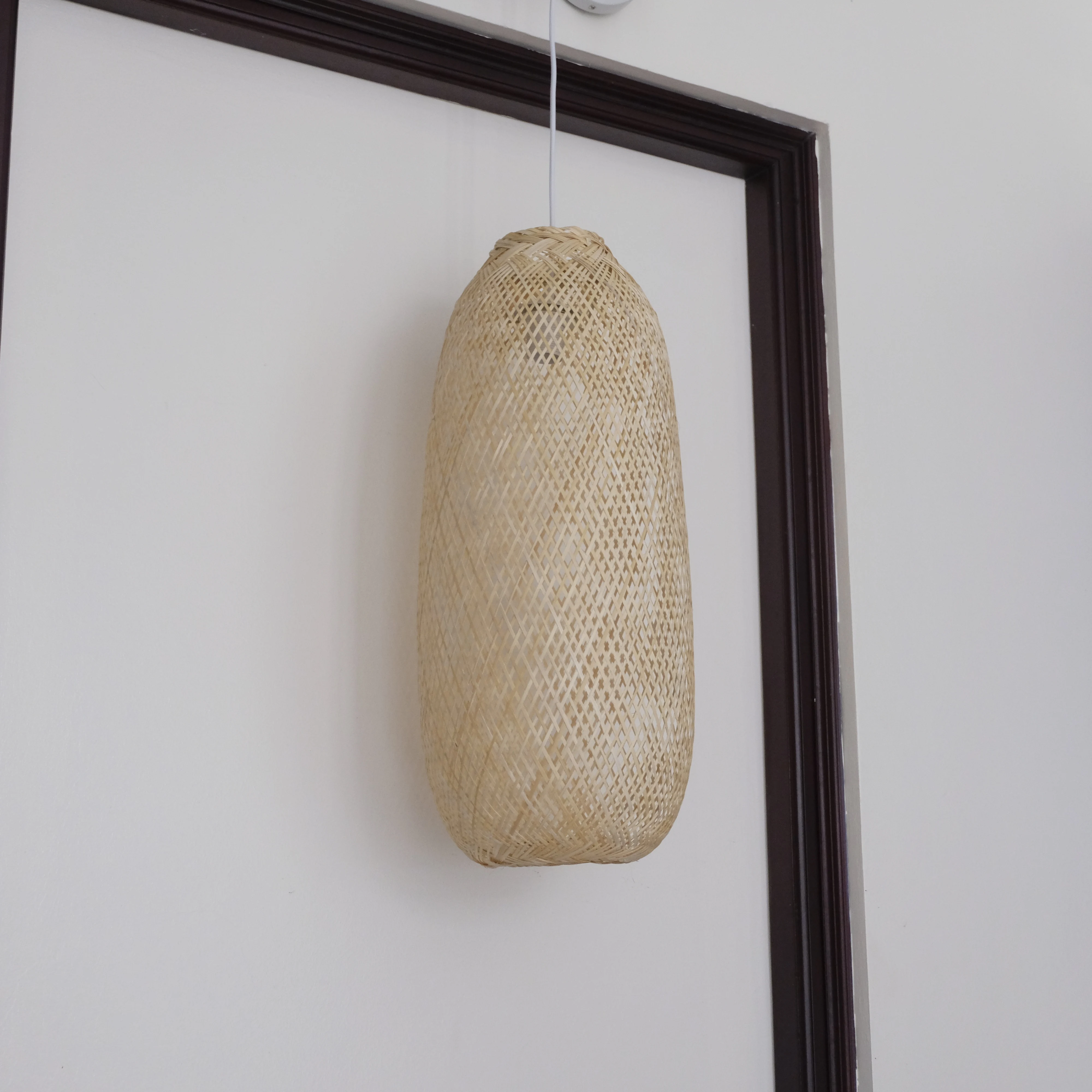 Stylish Woven Bamboo Hanging Lamp Handmade Traditional Design Long Ceiling Pendant Light Switch Garden Hotel Made Vietnam