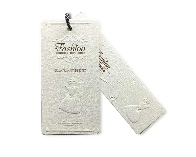 Gold stamping white paper tag elastic loops with hang tag black blind letterpress printing