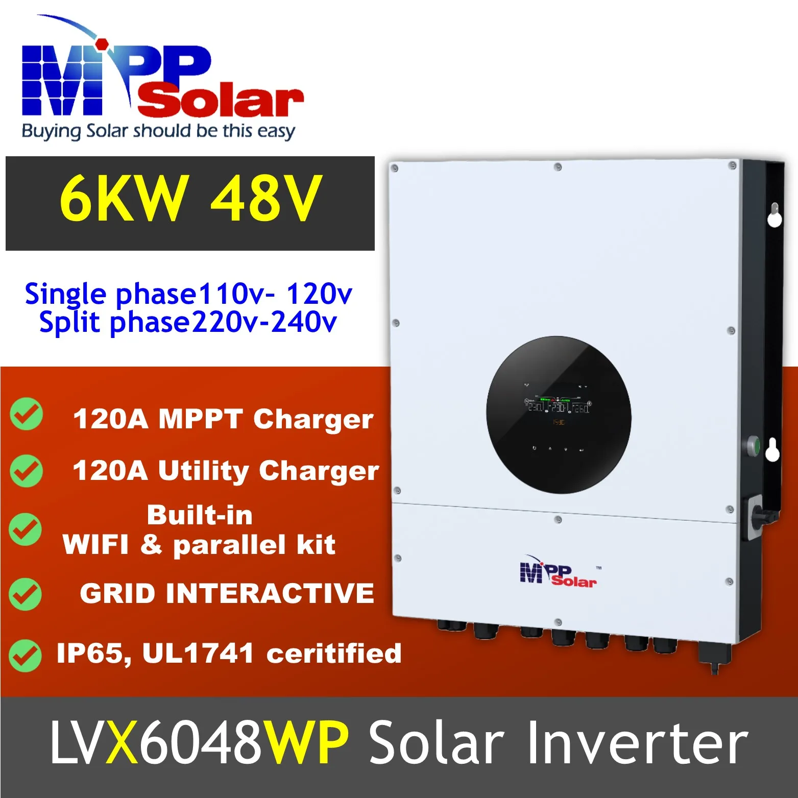 (LVX6048WP) 6000W 48V mppt регулятором солнечного инвертора + MPPT зарядного устройства 120A Максимальная PV вход 600 В постоянного тока гибридный солнечный инвертор