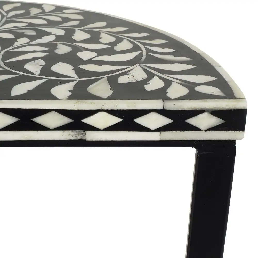  BONE INLAY HALF ROUND FLORAL BLACK SIDE TABLE INDIAN HANDMADE