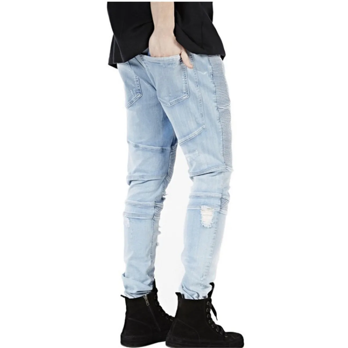 
ripped motor jeans Mens biker Skinny jeans for men slim elastic jeans denim Biker jeanshiphop pants in stock accept small order 