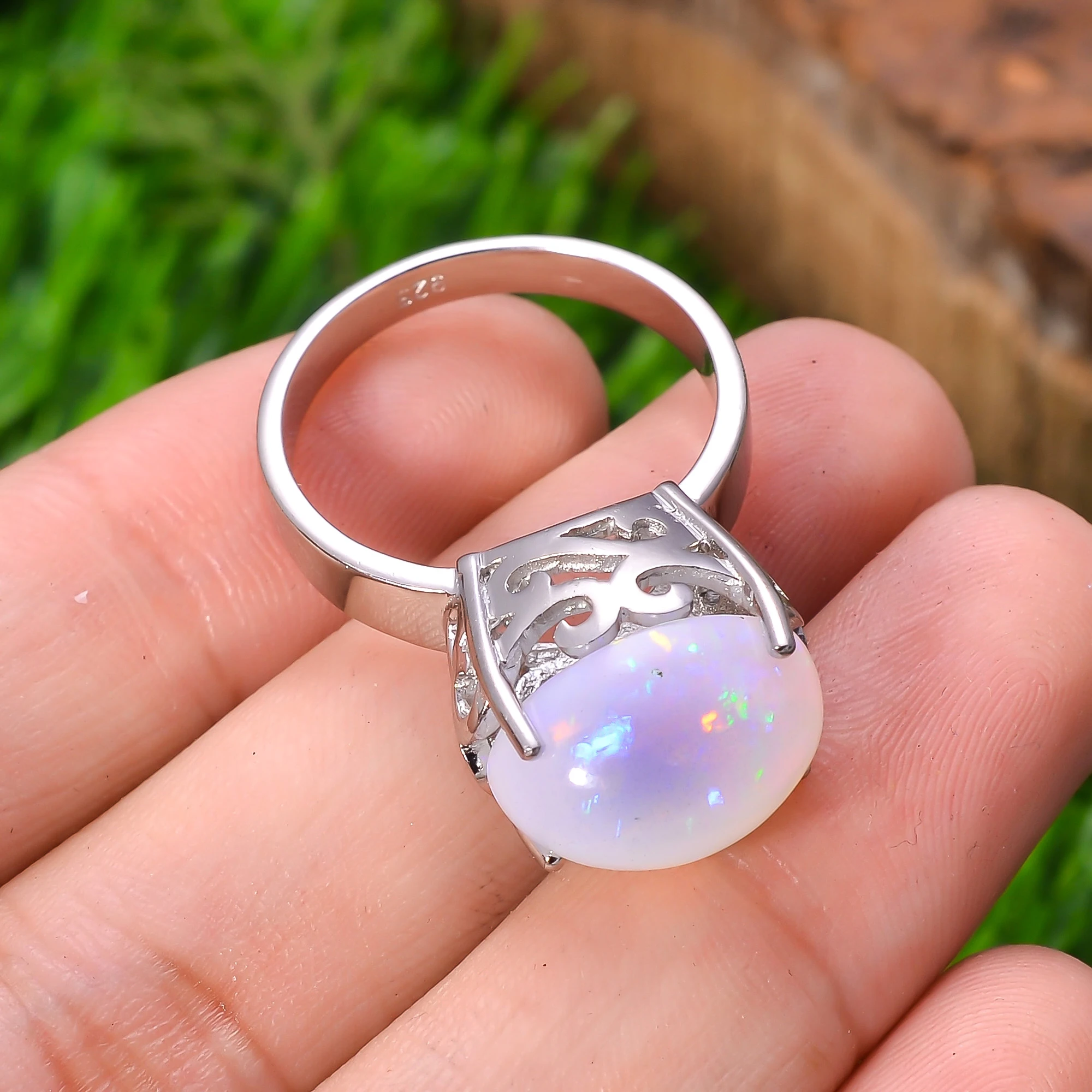 92.5 Sterling Silver 6.2 Gram Ring Finger Band Beautiful Natural Genuine Ethiopian Opal Gemstone Ring Women Jewelry
