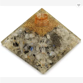 Rainbow Moonstone Orgonite Pyramid - Hamsa Hand, Hamsa Charm | EMF Orgone Pyramid, Organite Pyramid (Orgone Generator Crystal)