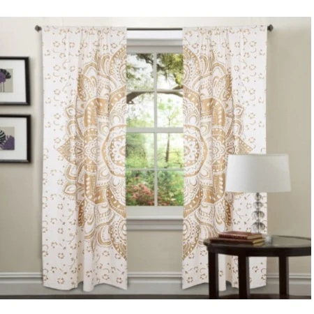 Ombre Mandala Wall Hanging Curtain Door Window Cover Valance Drape Cotton Fabric White Gold Handmade