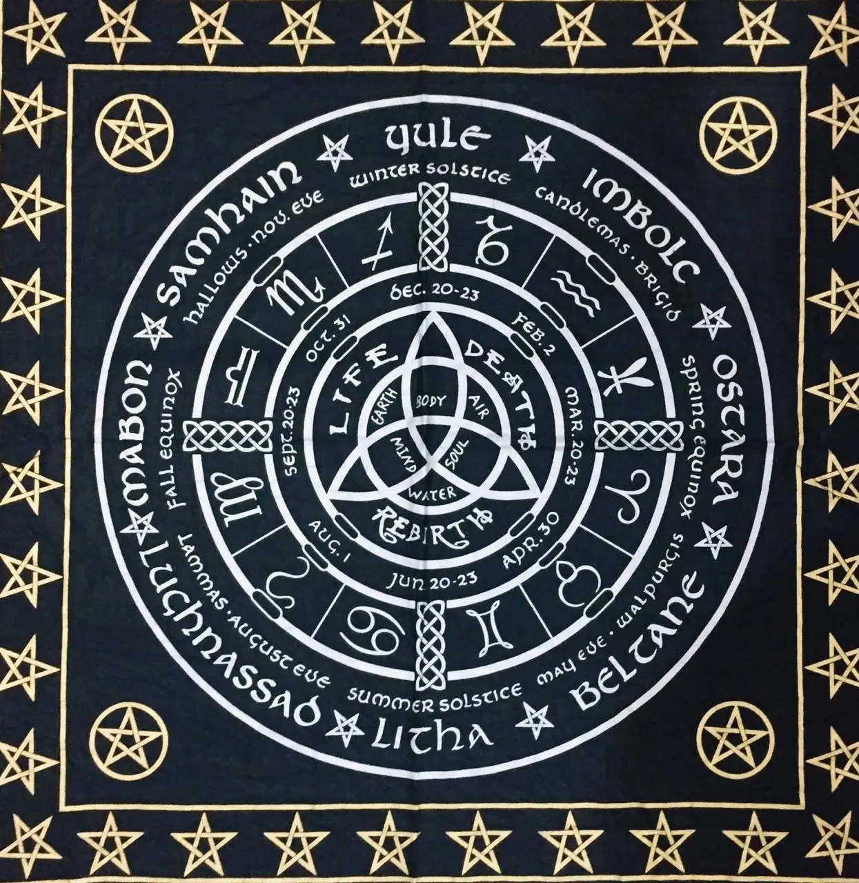 Pagan Wheel Altar Cloth Alter Cotton Fabric Handmade Alter Witchery Home Decor Black Silver