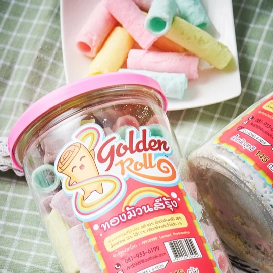 Free Sample  Wholesale Thailand Snack Rainbow Coconut Fruit Crispy Rolls by Golden Roll