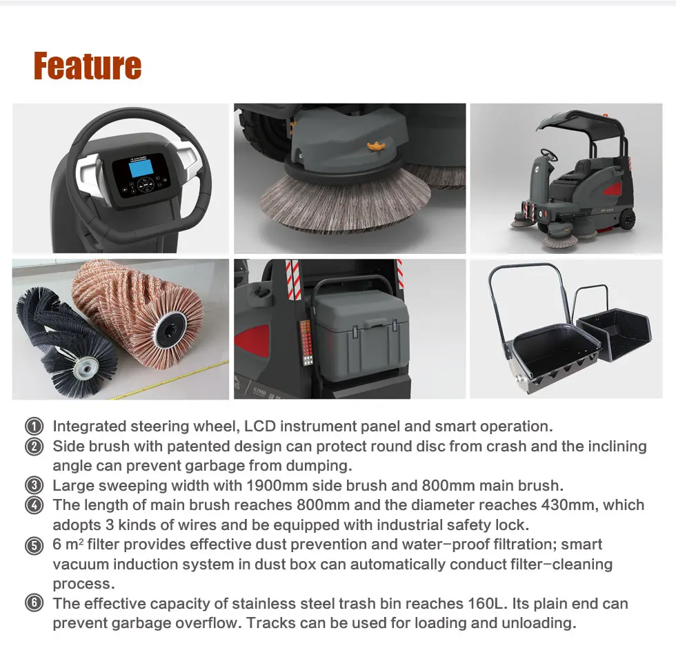 Electric floor sweeper , big size road sweeper with strong brush motor power and smart system .