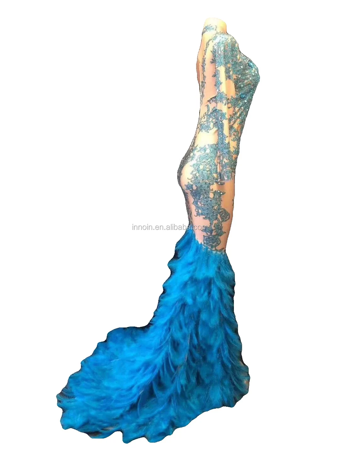 
Sparkling Sapphire blue Rhinestone Feather Trailing Dress Birthday Celebration Banquet Evening Wear Concert Ball Singer Dress 