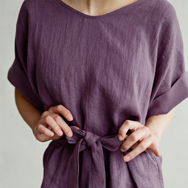 2023 New Design Deep Purple Pure Linen Kimono Dress With Robe Dress Half Sleeves Made With 100% Linen.
