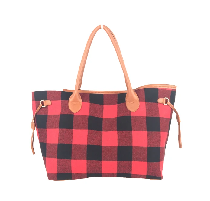 
Red Tartan Tote Cotton Canvas High Capacity Red Plaid Double Ear Bag 