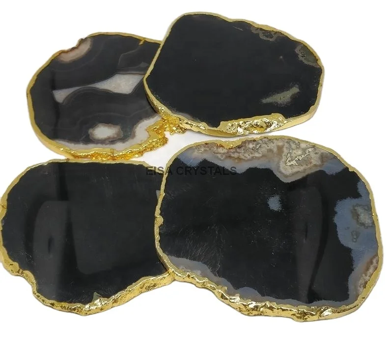 Wholesale Natural Custom Gemstone Black Agate Coasters Crystals Coasters With Rose Gold Trims Stone Semi Precious Stone Crafts