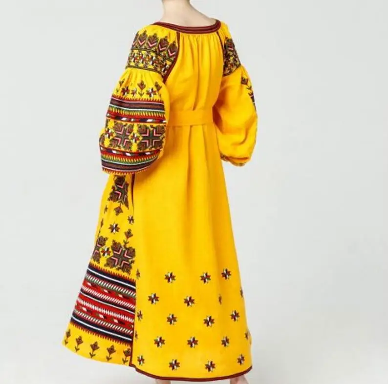 
Women Ukrainian Ethnic Vyshvanka Long Sleeve With Belt Linen Embroidered Dress 