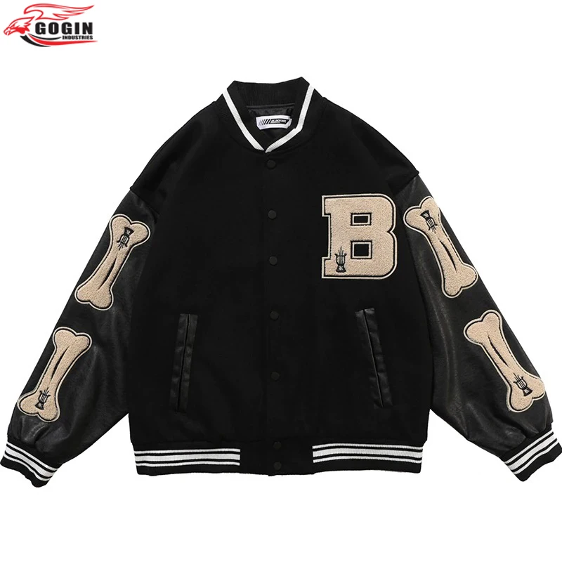 Wholesale Hip Hop Furry Bone Patchwork Color Block College Jackets Mens Casual Bomber baseball Jacket Women Baseball Coats