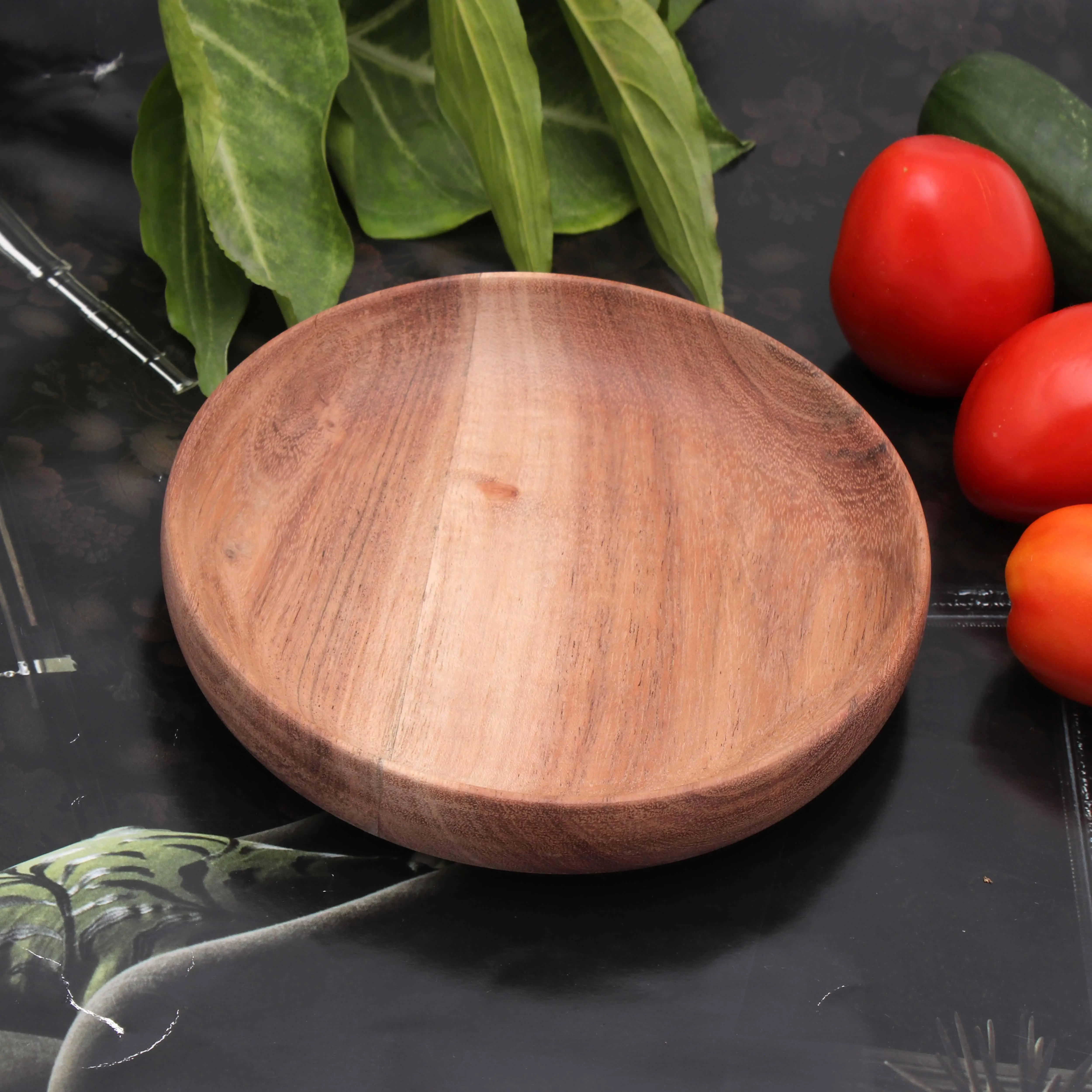 15 x 15 x 3 CMS Natural Acacia Wood Japanese Style Flat Bottom Bowl for Sauce and Salad Serving in Home Hotel Use Wooden Bowl