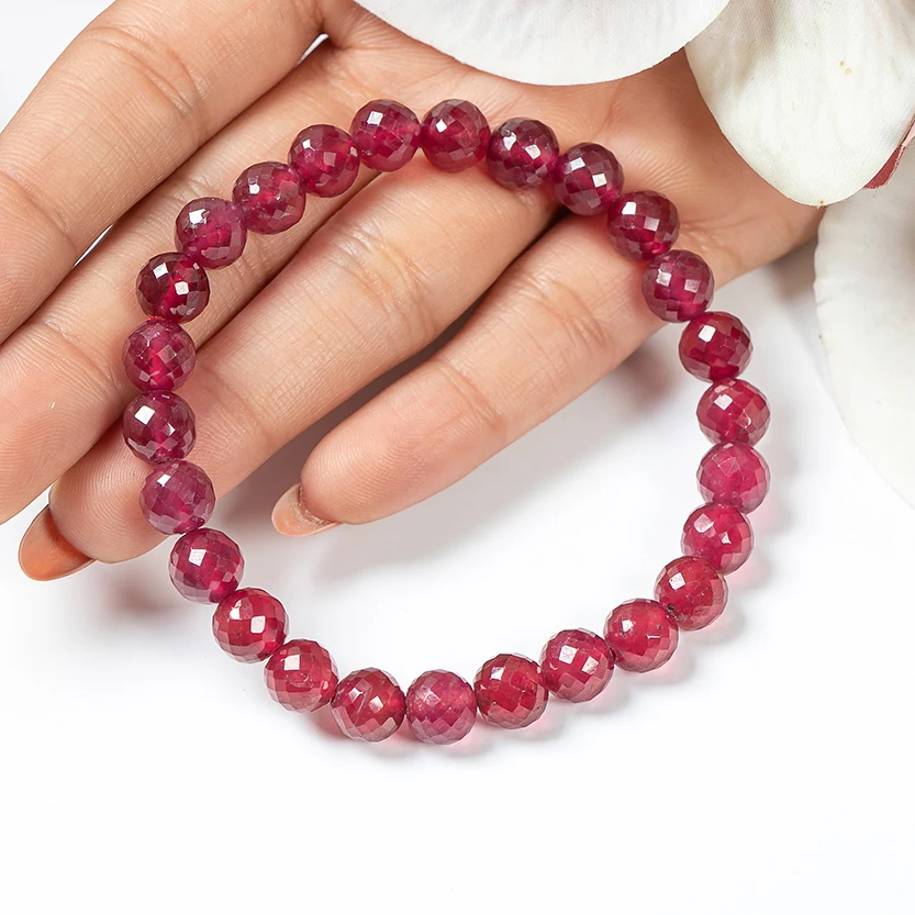Top Quality 8mm Ruby Faceted Round Shape Beads Bracelet Ruby Gemstone Bracelet For Women