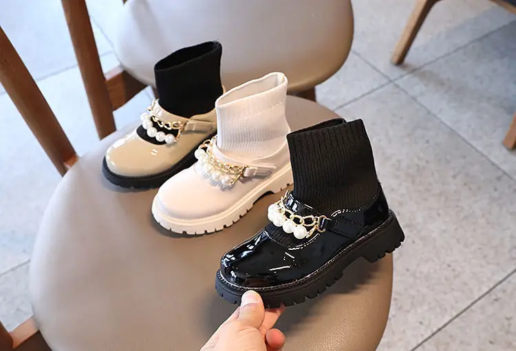 Fashion shoelace free warm kids winter boots With pearl chains girls leather for outdoor
