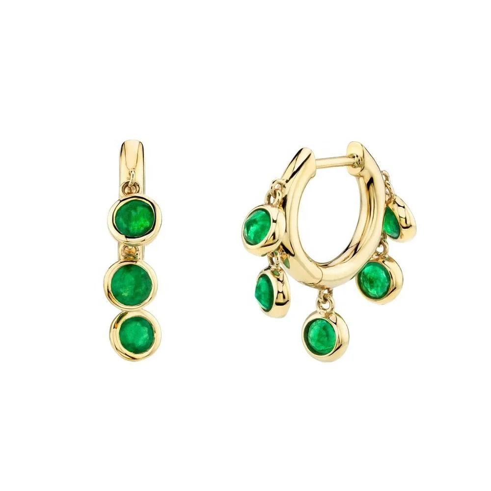 925 Sterling Silver Gold Vermeil Emerald Bezel CZ Chandelier Hoop Huggie Earring