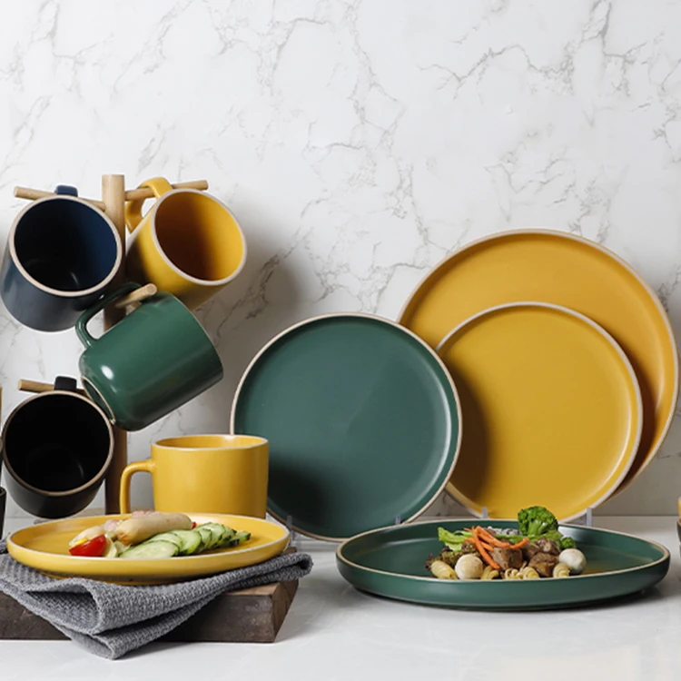 Classics Ceramic Crockery 16pcs Stoneware Dinnerware Set China Wholesale Black Dinner Set Porcelain Vajillas Service For 4