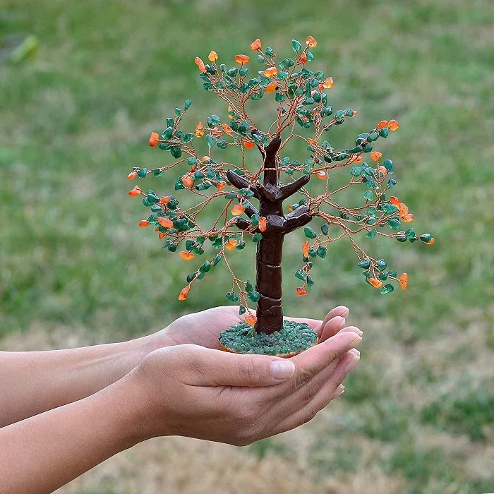 multi stone 300 chips gemstone trees with wooden base for home decoration | crystal healing trees | green jade & carnelian  tree