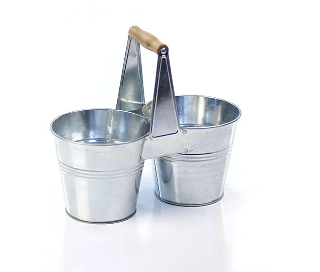 Metal Galvanized Steel Flower Pots and Planters Tin Caddy With Wooden Handles