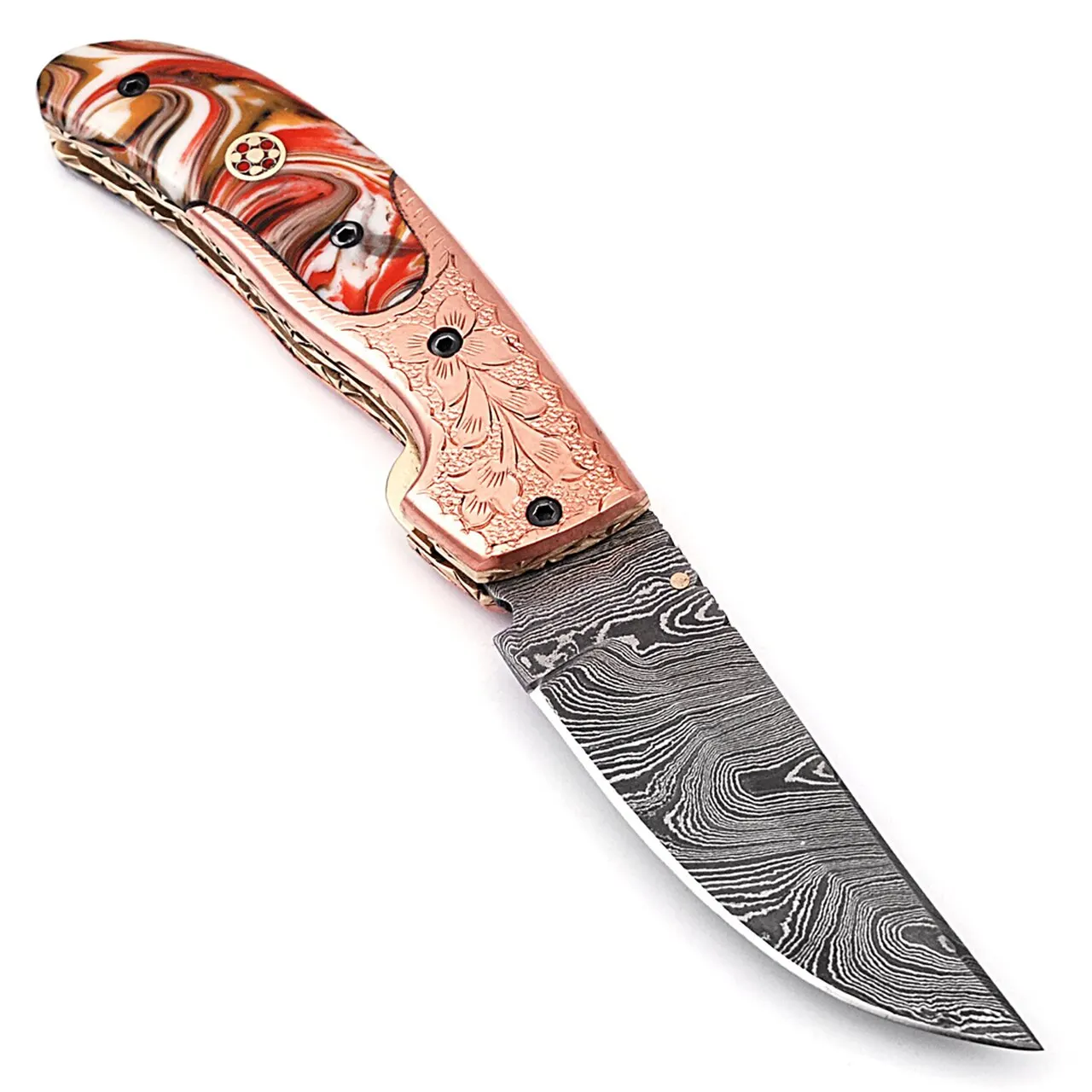 Customizable Folding Pocket Knife Outdoor Camping Hunting Handmade New Design Damascus Steel Blade Wood Resin Chemical Knife