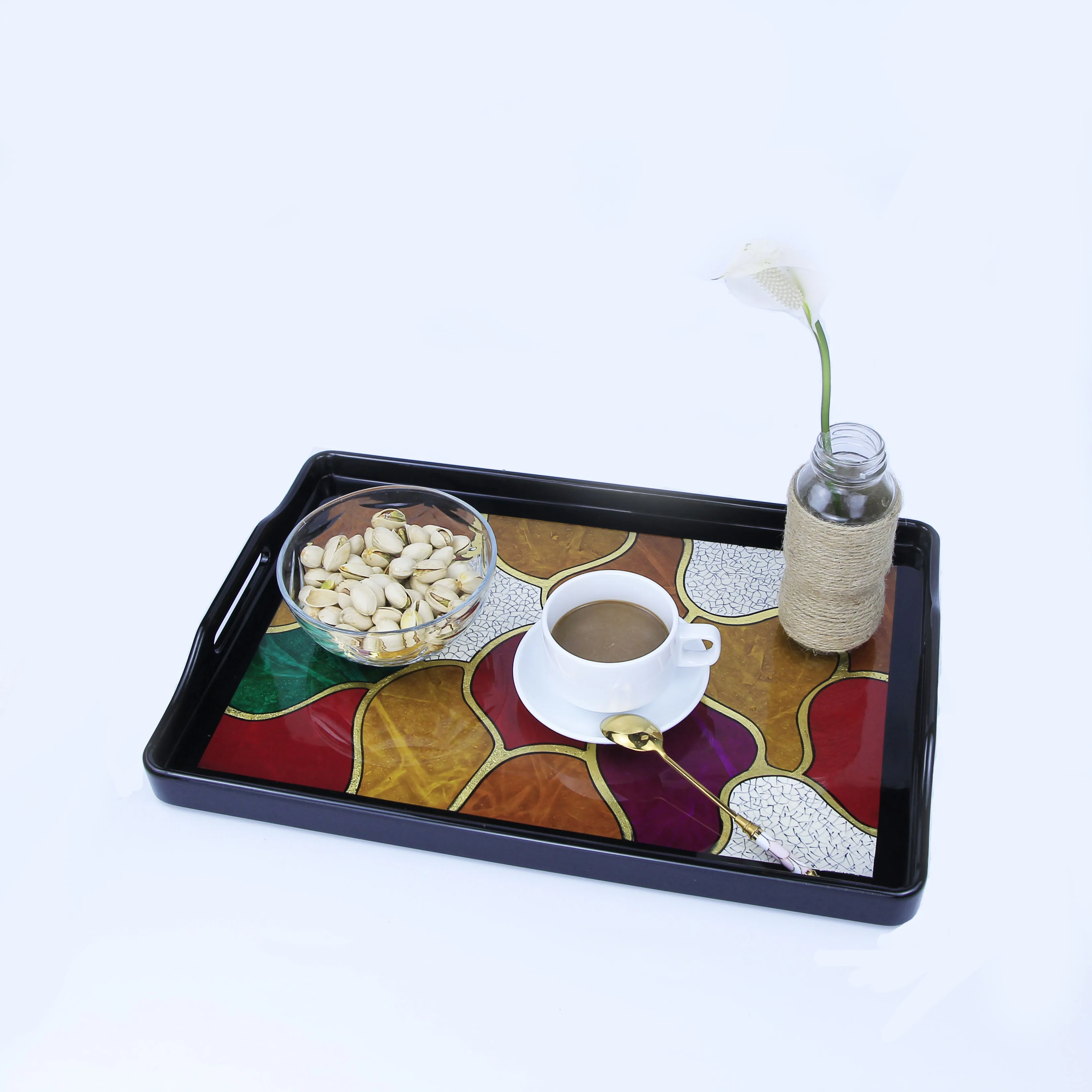 
Viet Nam Hot Sale In Bulk Handmade Premium Quality Rock Design Painted Gold Leaf Home Decoration Wooden Lacquer Serving Tray 