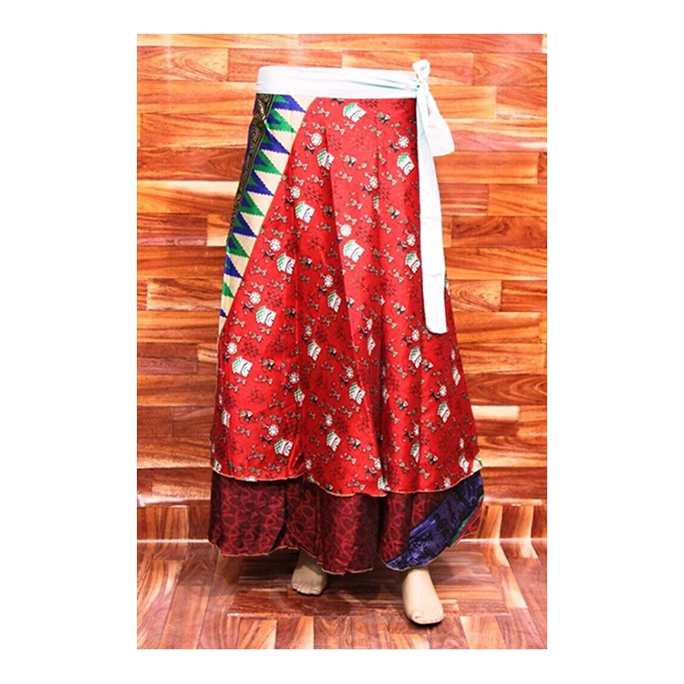 Hot Red Color Silk Sari Magic Wrap Around Skirts with Elastic Waist and Belt Hippy Long Bohemian Maxi Skirt for Women
