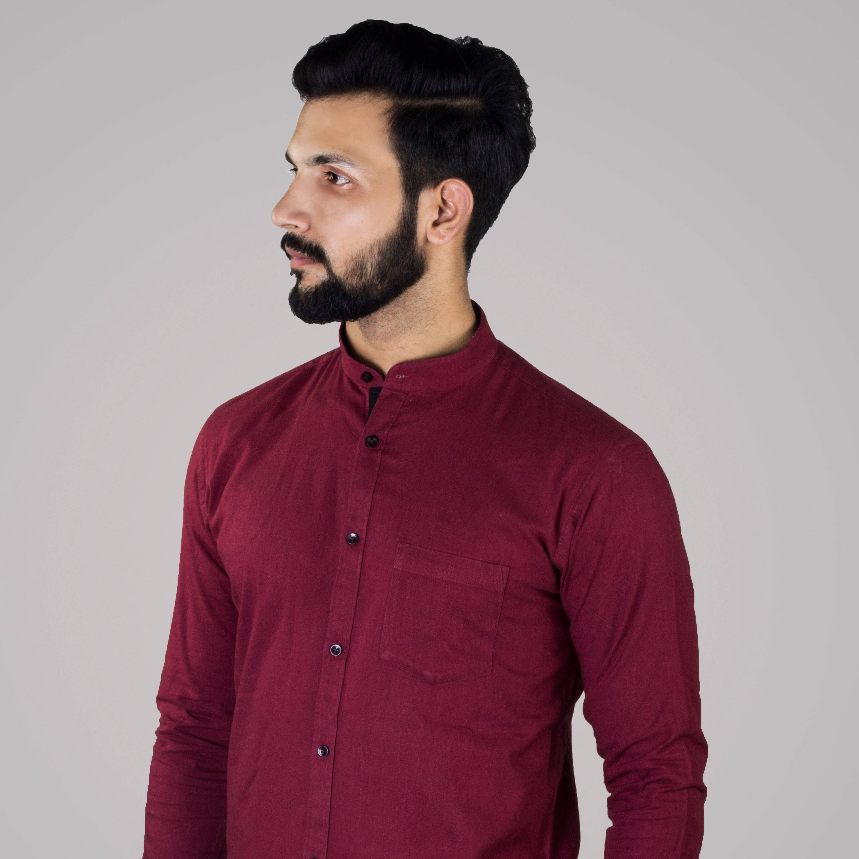
Темно-Бордовая льняная рубашка с воротником-стойкой для мужчин, повседневная одежда 