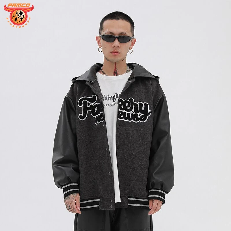 Men Hooded Baseball Jackets Detachable Hat Woolen Leather Patchwork Letter Patch Bomber Jacket Coat Casual Fashion Outwear