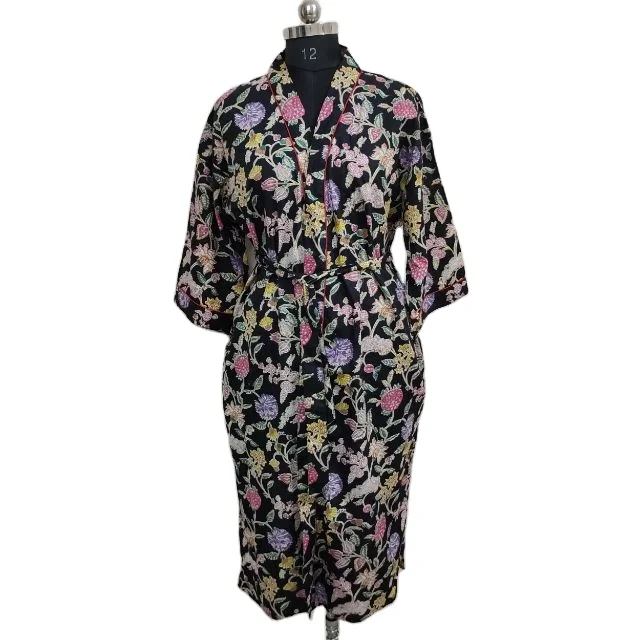 Black Floral Printed Cotton Kimono Sexy Bathrobe Indian Cotton Long Night Suit Summer Wear poncho Maxi Dress