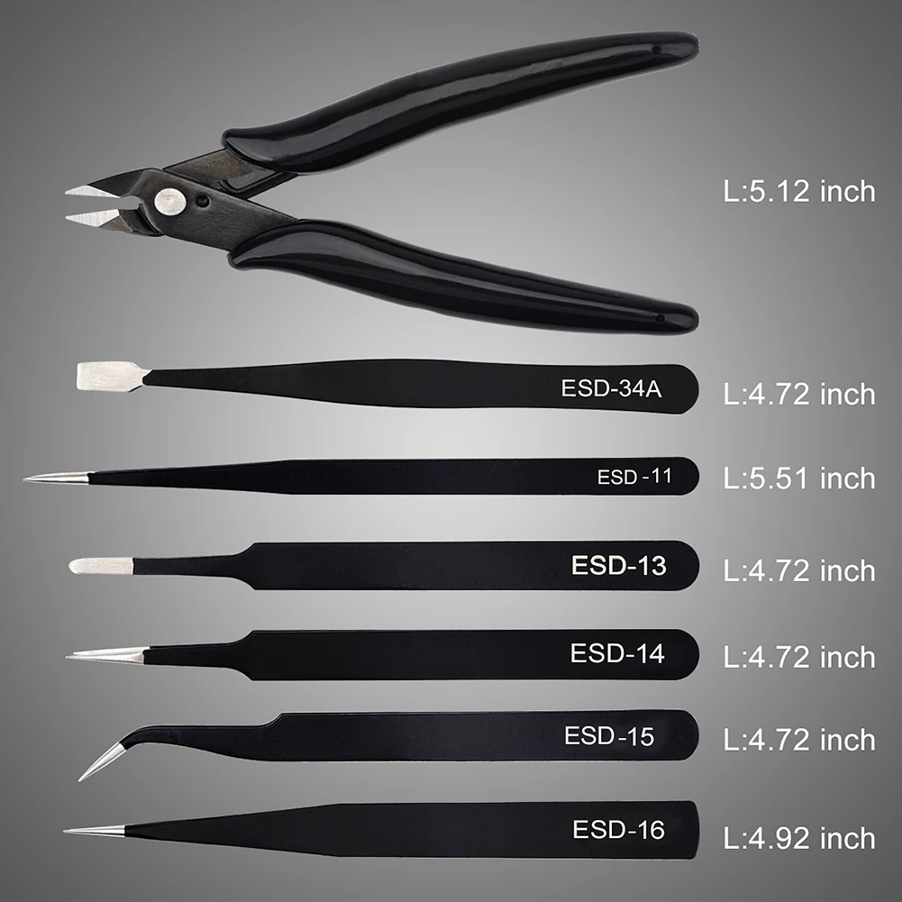 Stainless Steel Tweezers Set Precision Curved Straight Tweezers Anti-Static Industrial Repair Tools with Pliers