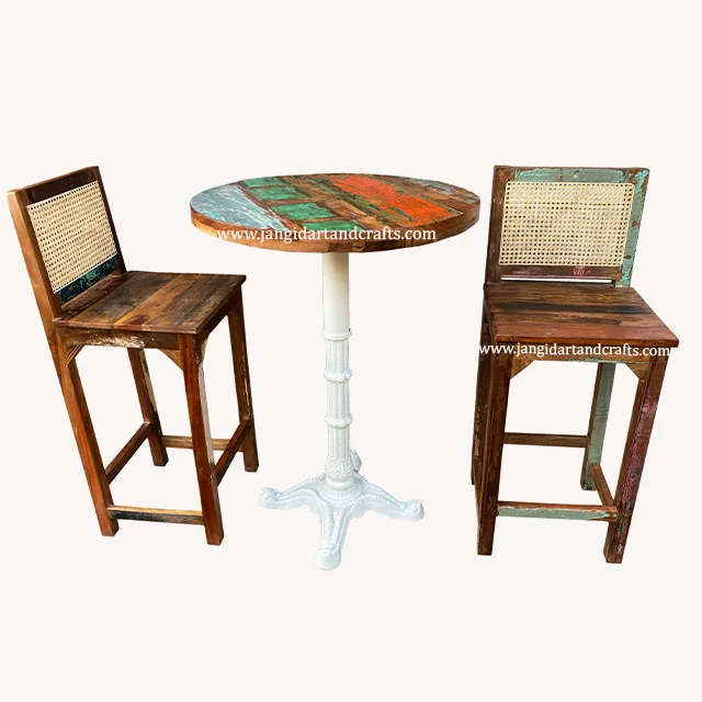 Vintage Industrial Iron Bar Table & Cane Chair Set Round Rustic Indian Solid Wood Style Restaurant Cafe Pub Table Bar Furniture