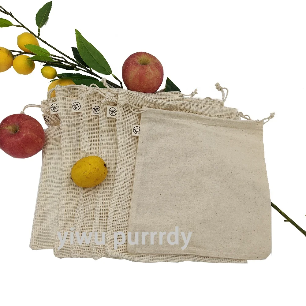Sopurrrdy simple ecology washable and reusable grocery cotton mesh produce bag for vegetable and fruit
