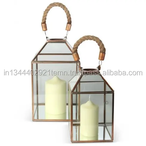 Antique Moroccan Candle Lantern in Clear Glass Rustic Copper Metal Finish