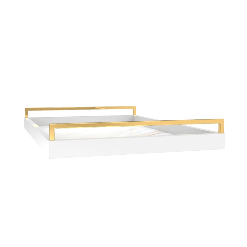 Elegant Fashion Classic Modern Style Rectangular White Marble Lacquer Home Decoration Wooden Tray  With High-end Metal Handle