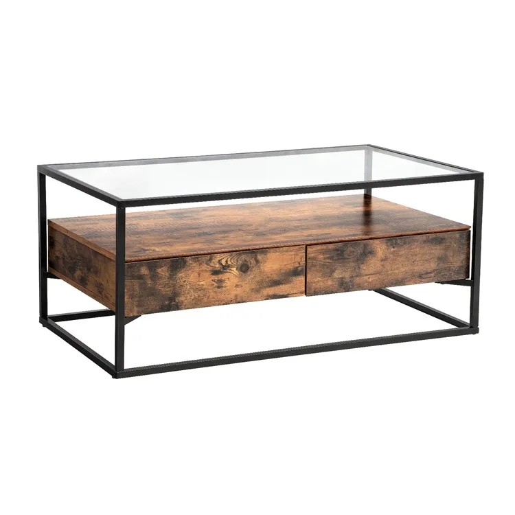 VASAGLE Tempered Glass Top Living Room Stable Lounge  Industrial Tea Table Coffee Table With 2 Drawers