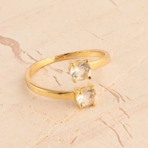 24K Gold Plated Faceted Clear Quartz Double Stone Statement Ring Fashionable Cute Adjustable Open Prong Set Wedding Wholesale