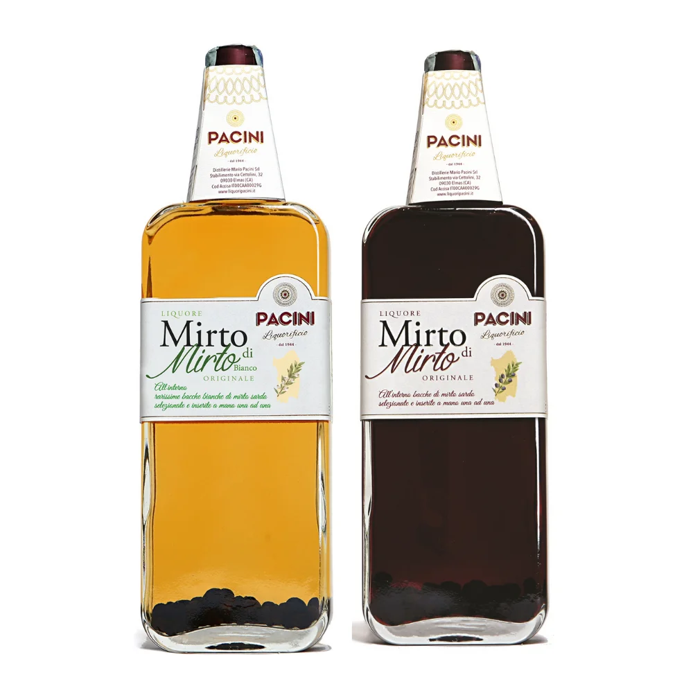 Premium Italian Quality PACINI LIQUEUR Red Myrtle 70 cl bottle with wild myrtle berries inside the for