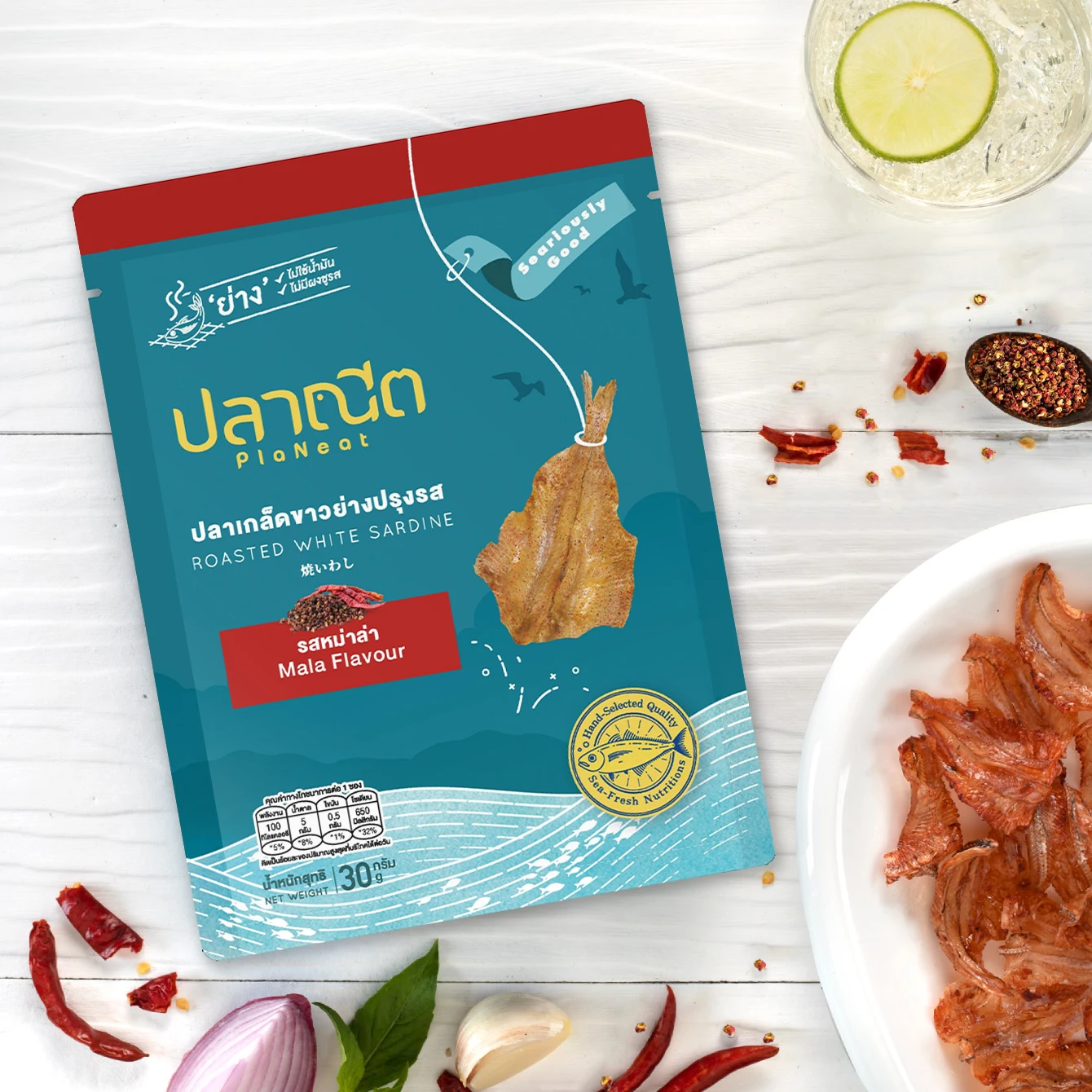 HALAL Spicy Fish Snacks Premium Quality - Roasted Seasoned White Sardine Mala Flavour Thai Seafood product