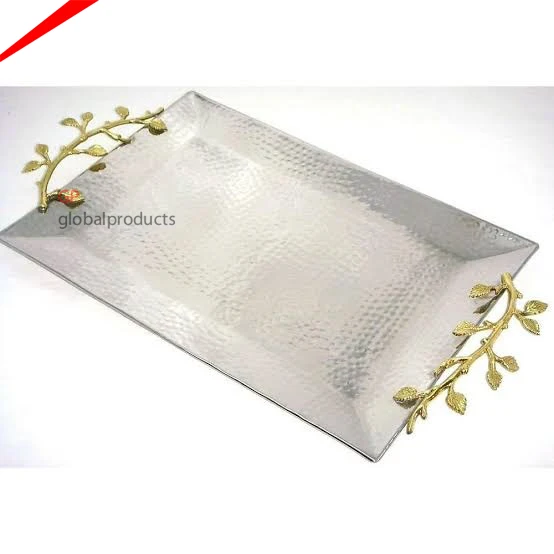 2022 latest design rectangular serving tray with designer black and gold metal handles fruits snacks serving tray