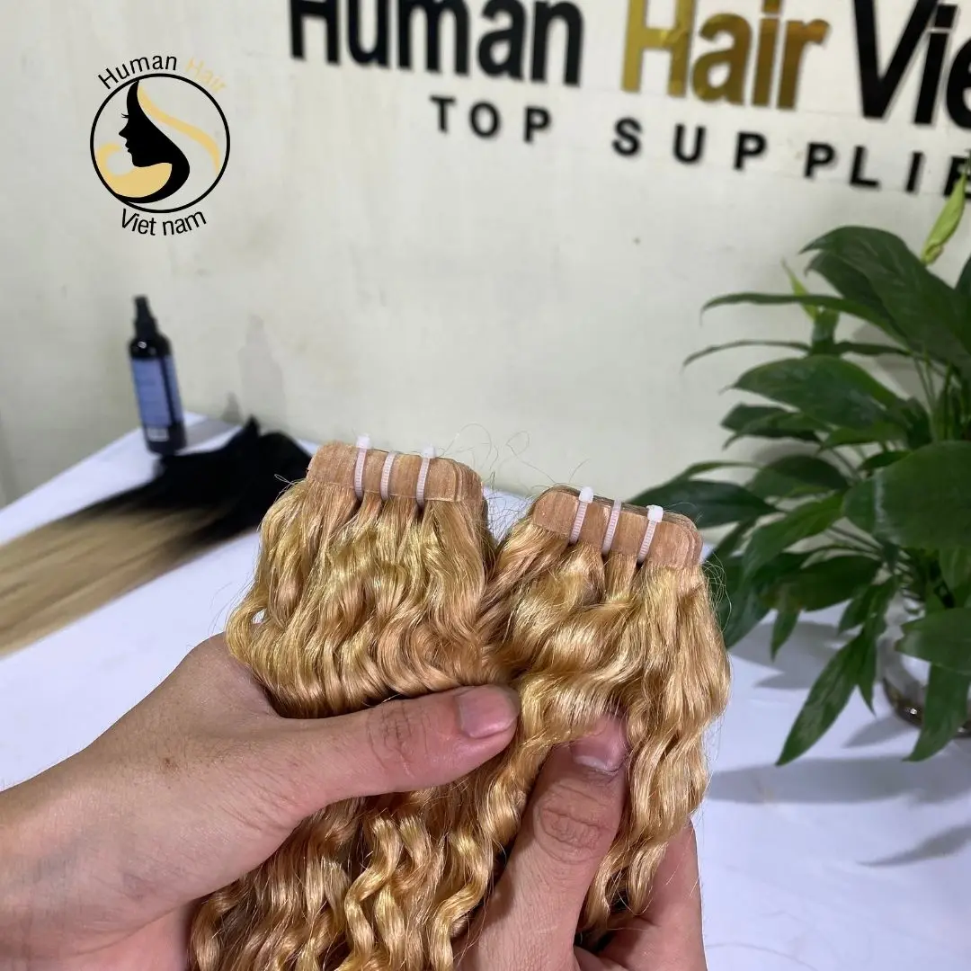 Factory Price Raw Hair Double Drawn Russian Blonde Deep Curly Tape In Hair Extensions 100% Human Hair