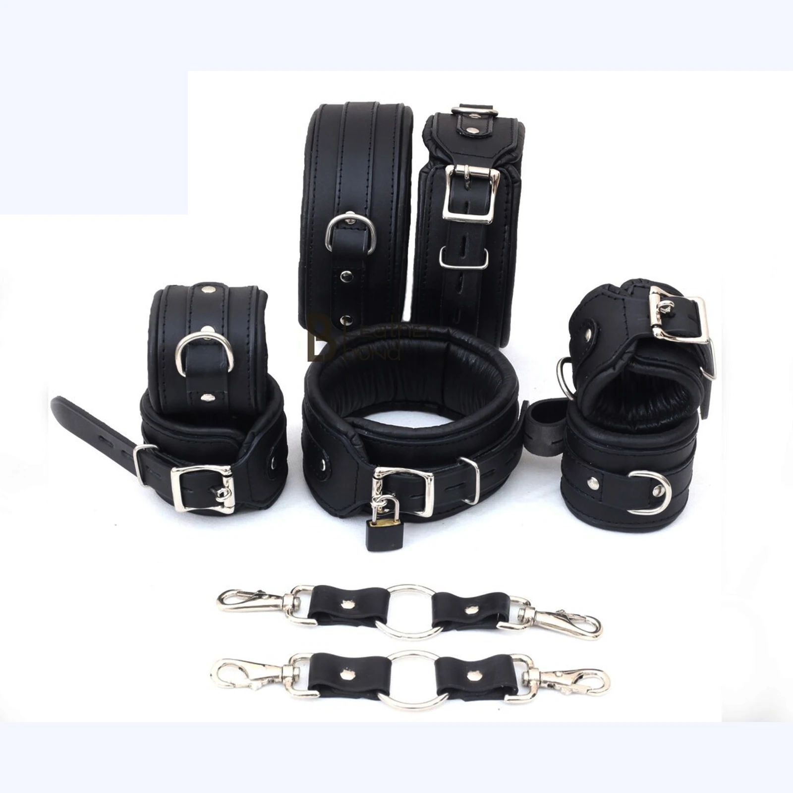 Bad Boy Bondage Set Black Cowhide Leather Restraint Hard BDSM Set Wrist Ankle Thigh Cuffs Collar Set, Paddle, Flogger, Blind Fol