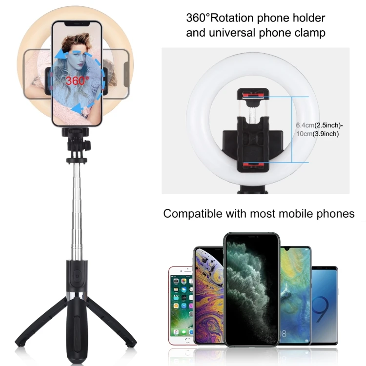 PULUZ 6.3 inch 16cm Ring LED Live Broadcast Vlogging Selfie Light + Wireless Selfie Stick Tripod Mount