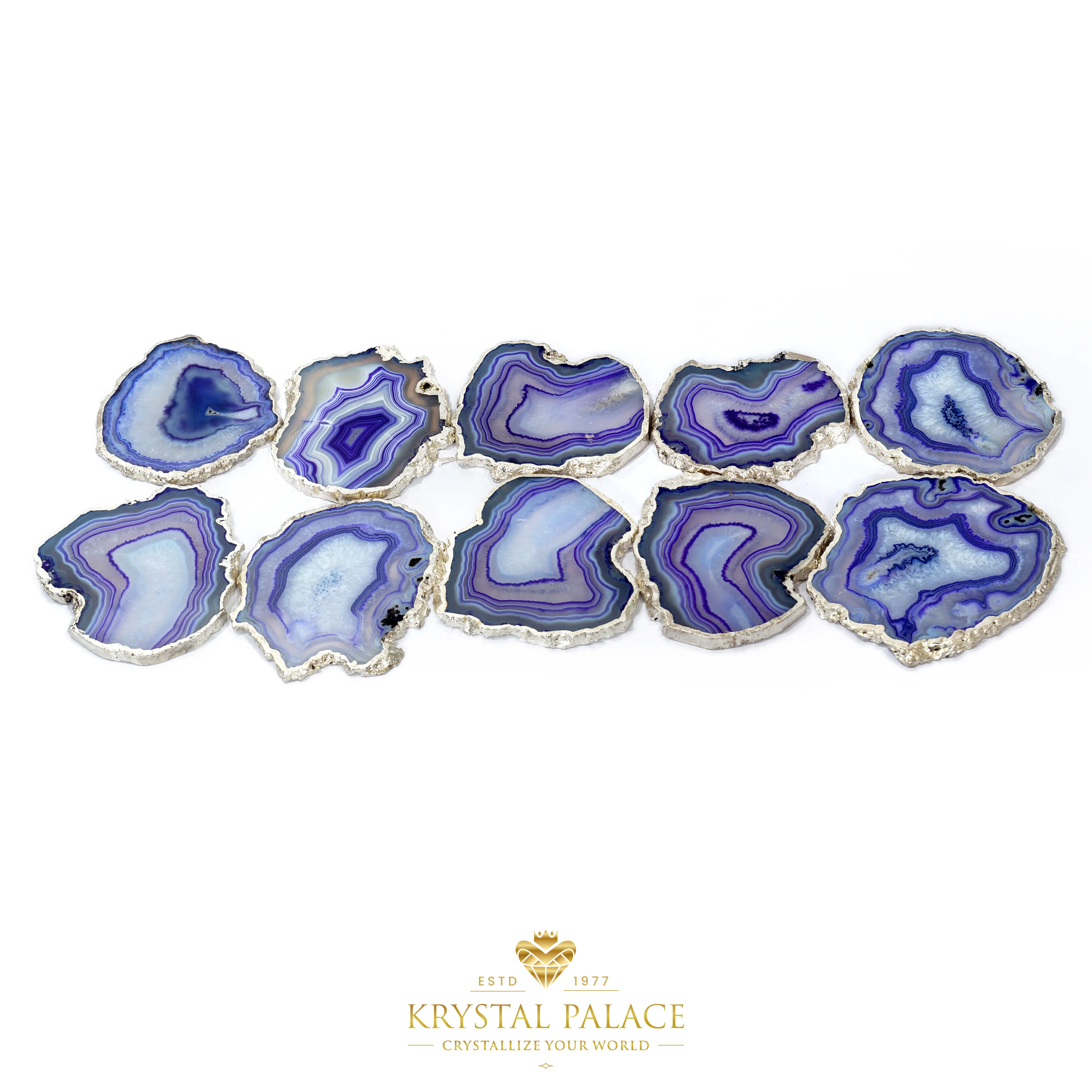 SET OF BLUE AGATE BANDED ONYX CRYSTAL TEA COASTER | SLICES WITH SILVER & GOLD PLATED SIDES BY KRYSTALPALACE
