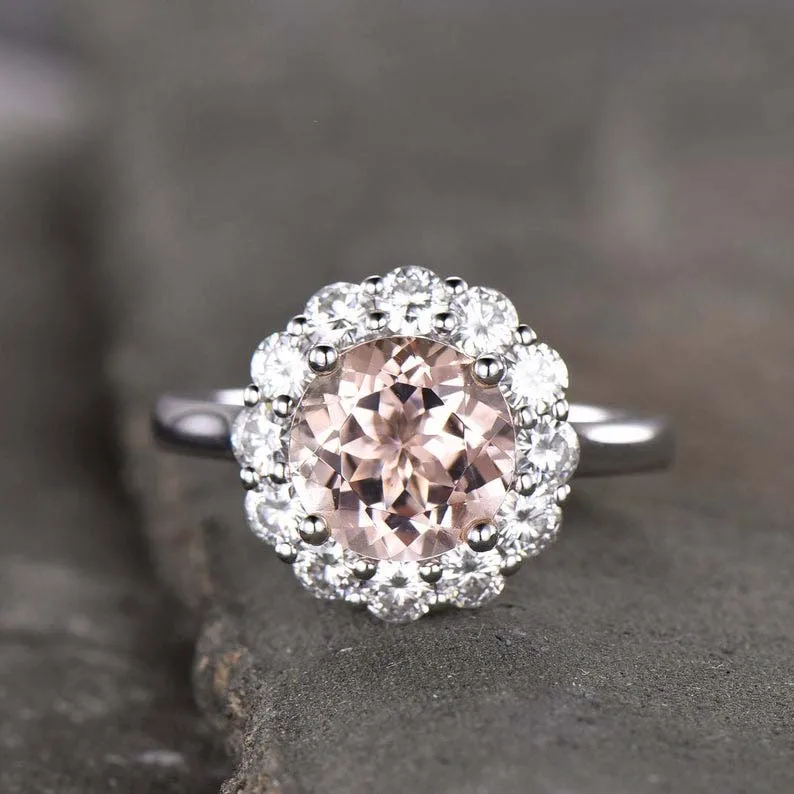8mm Round Peach Morganite Engagement Flower Ring CZ Diamond Halo Ring Morganite Wedding Band 925 Sterling Silver Handmade Jewel