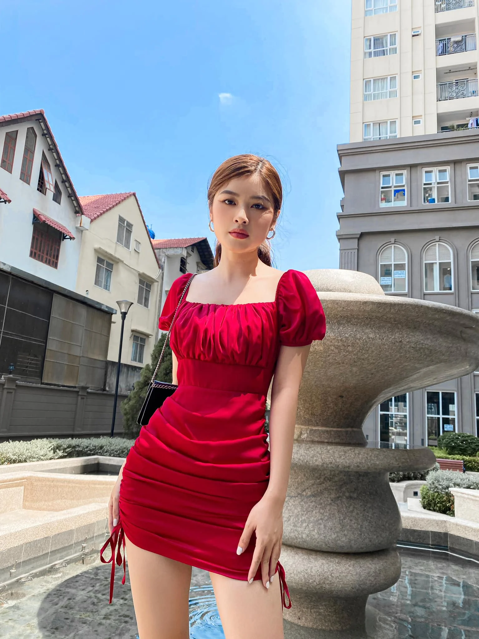 New arrivals summer solid color square collar bag hip tight fitting short skirt sexy evening dresses Made in Vietnam