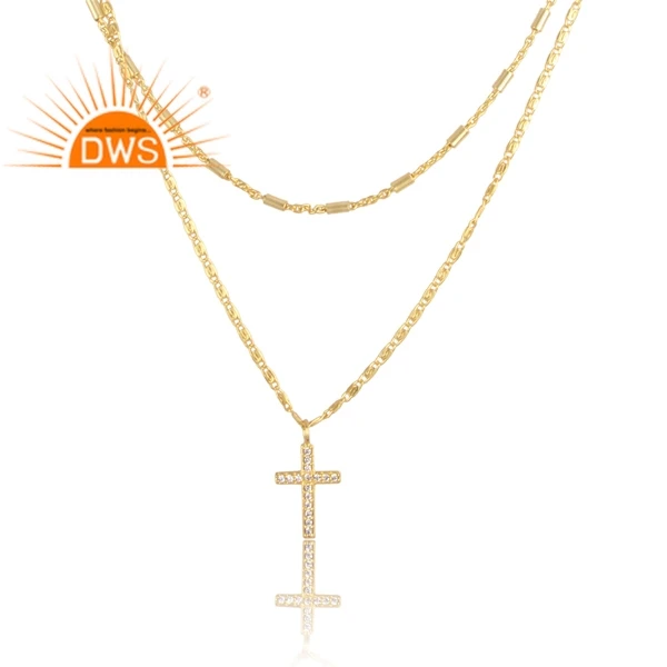 Handmade Design Natural Cz Gemstone Cross Design Three Chain Layers Pendant Necklace For Women Fashion Jewelry Manufacturerb