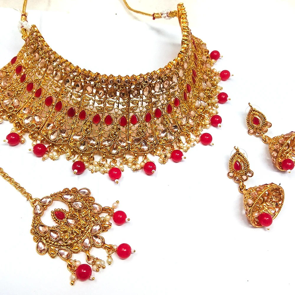 Latest Kundan choker gold plated Necklace Set for Women (Pink&White)
