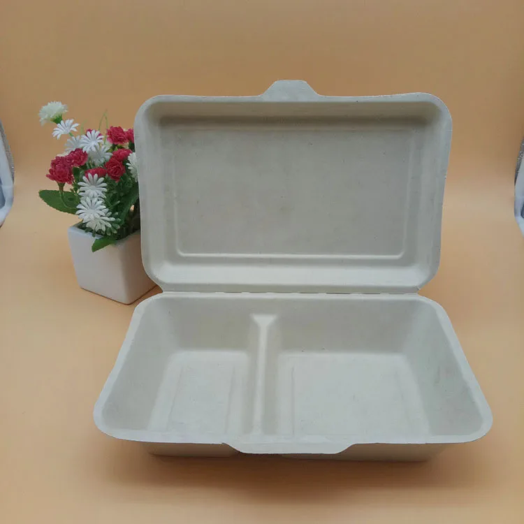 
100% compostable food packaging bagasse 2 compartment clamshell lunch box containers 