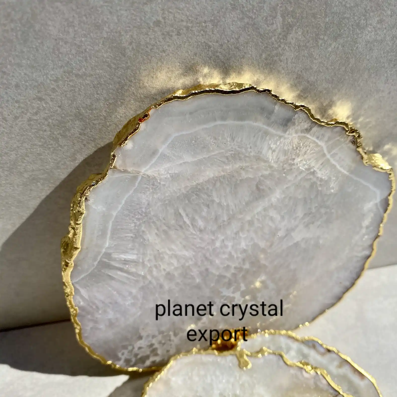 Agate Coaster/Wholesale Natural Clear Quartz Agate Coaster With Gold & Silver Plated Rim Buy From Planet Crystal Exports